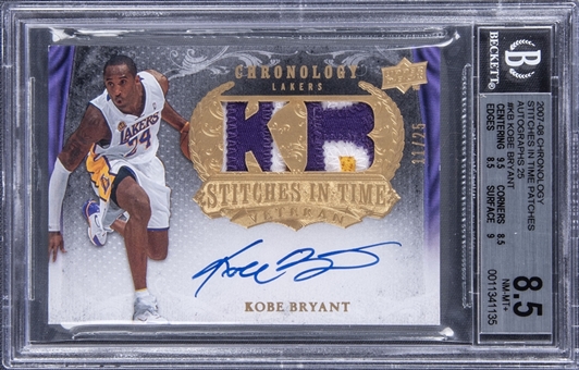2007-08 Chronology Stitches in Time Patches Autographs #KB Kobe Bryant Signed Game Used Patch Card (#11/25) - BGS NM-MT+ 8.5/BGS 10